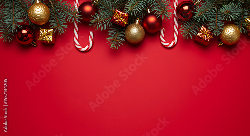 Festive Christmas Border Red Background with Ornaments and Candy Canes