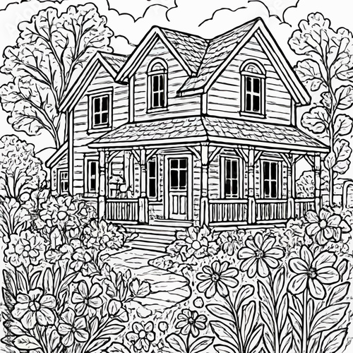 Traditional House with Garden and Flowers Coloring Page - Cozy Home Scene