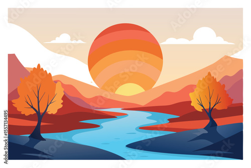 Colorful Landscape Illustration with River, Mountains, Sunset, and Trees for Backgrounds or Art Prints