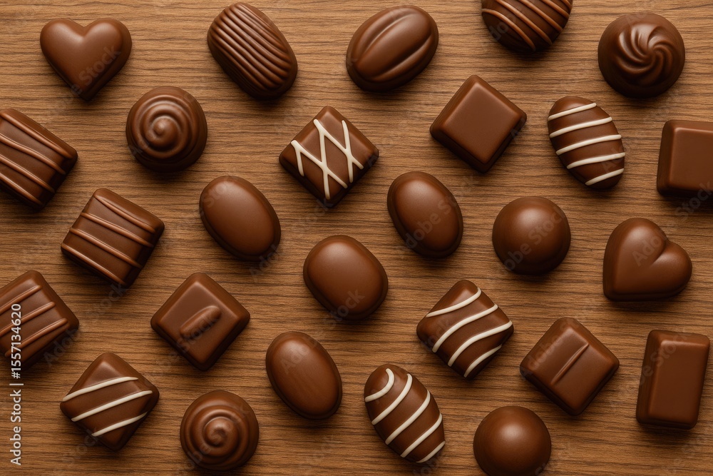 Fototapeta premium A variety of chocolates displayed on a rustic wooden surface