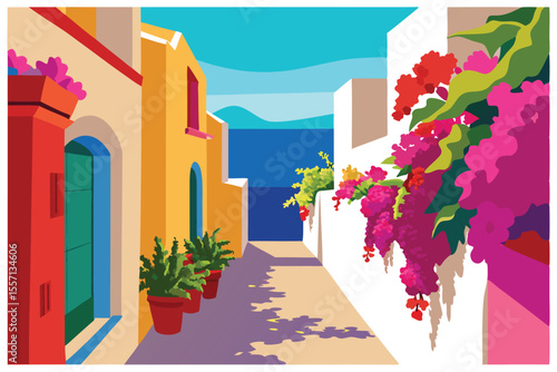 Colorful Mediterranean Alleyway with Bougainvillea Overhang, Blue Ocean View, and Vivid Architectural Details