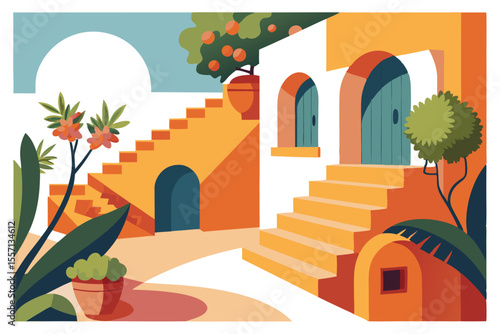 Colorful Mediterranean Architecture Illustration with Steps, Arches, Doors, and Lush Vegetation Landscape