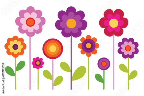 Colorful Retro Flower Power Illustration Pink, Purple, and Orange Blossoms on White Background