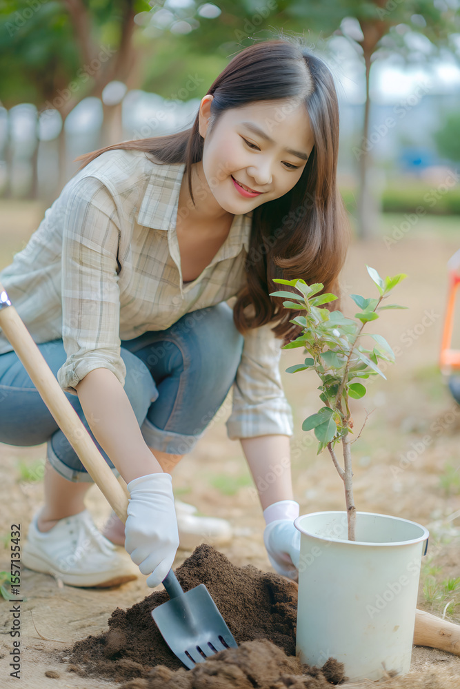 Fototapeta premium Young woman planting a tree in a community park, shovel and watering can beside he