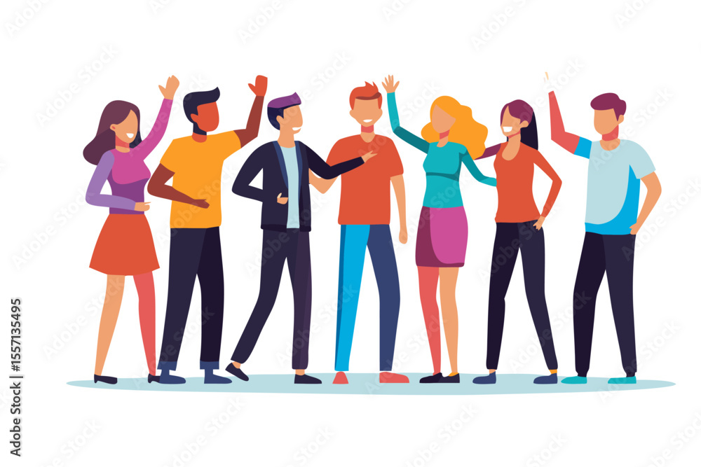 Obraz premium Friendship's Embrace: A vibrant ensemble of friends, united in shared joy and camaraderie, wave and interact, epitomizing connection and warmth in a lively illustration.