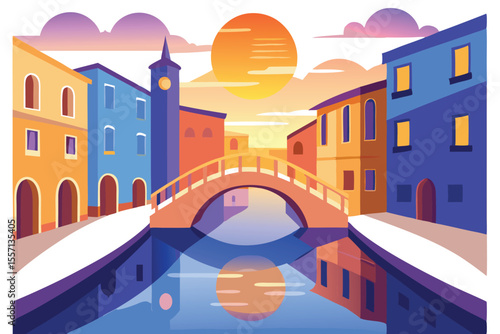 Colorful Venice Canal with a Bridge, Tower, Buildings, Sunset, and Reflections in the Water