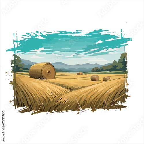 Golden wheat field with hay bales and mountain landscape