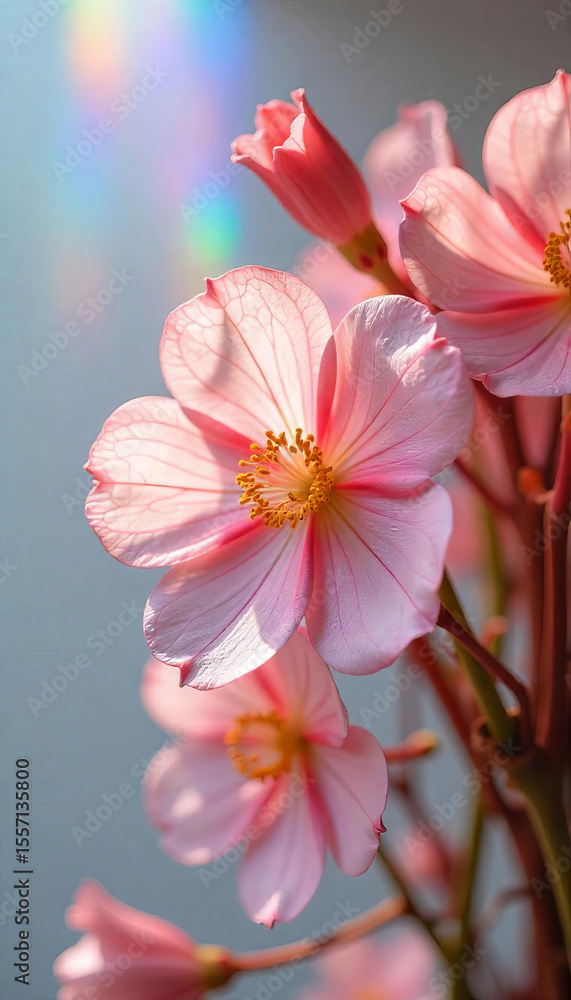 Obraz premium A pink flower with a yellow center, delicate petals, and a soft, translucent quality, set against a blurred background with a hint of rainbow light