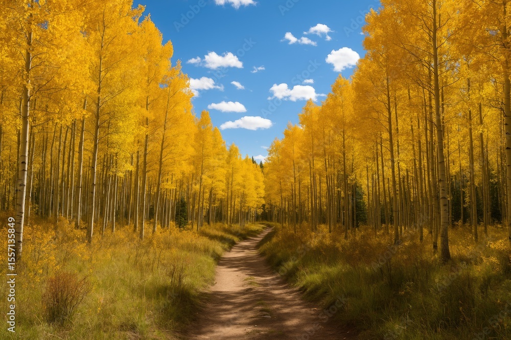 Autumn hike through a scenic forest of golden aspen leaves Autumn hike through a scenic forest of golden aspen leaves