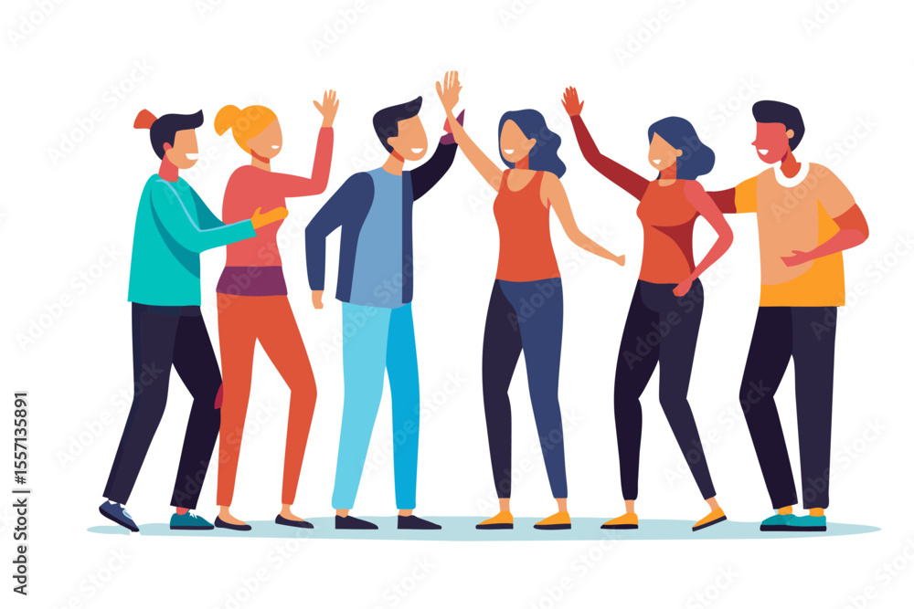 Obraz premium Team's High Five: A spirited gathering of diverse individuals celebrates collaboration, embracing the concepts of cooperation and togetherness.