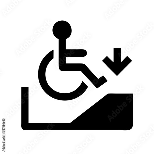 Black symbol of a person in a wheelchair moving downward on a ramp, representing accessible paths and inclusive infrastructure.
