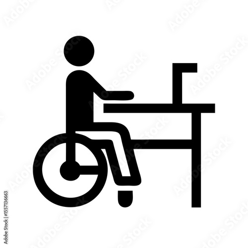 Black icon showing a person in a wheelchair using a height-accessible desk, representing inclusive workspace design and accessibility.
