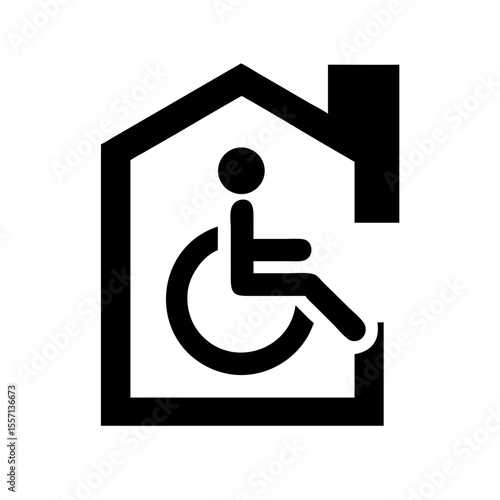 Black icon of a person in a wheelchair inside a house structure, symbolizing an accessible hotel or accommodation facility.
