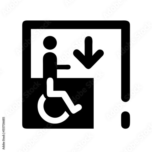 Black icon depicting a person in a wheelchair inside an elevator with a downward arrow, symbolizing accessibility for all.

