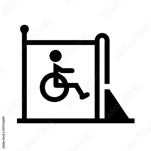 Icon of a wheelchair user entering a fenced playground through a ramp, representing inclusive and accessible play areas.
