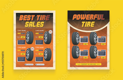 Tire shop flyer bundle with discount offer. Car tire sale flyer, tire catalog. Realistic tires vector illustration template