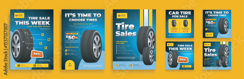 Tire shop flyer and web banner bundle with discount offer. Car tire sale flyer, tire catalog and social media post. realistic tires vector illustration template
