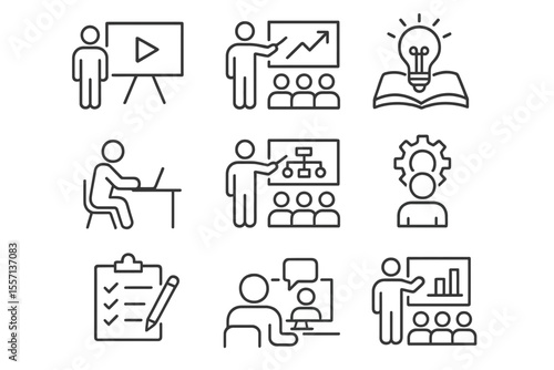  outline icon shaeet Training and Workshop line icon set.