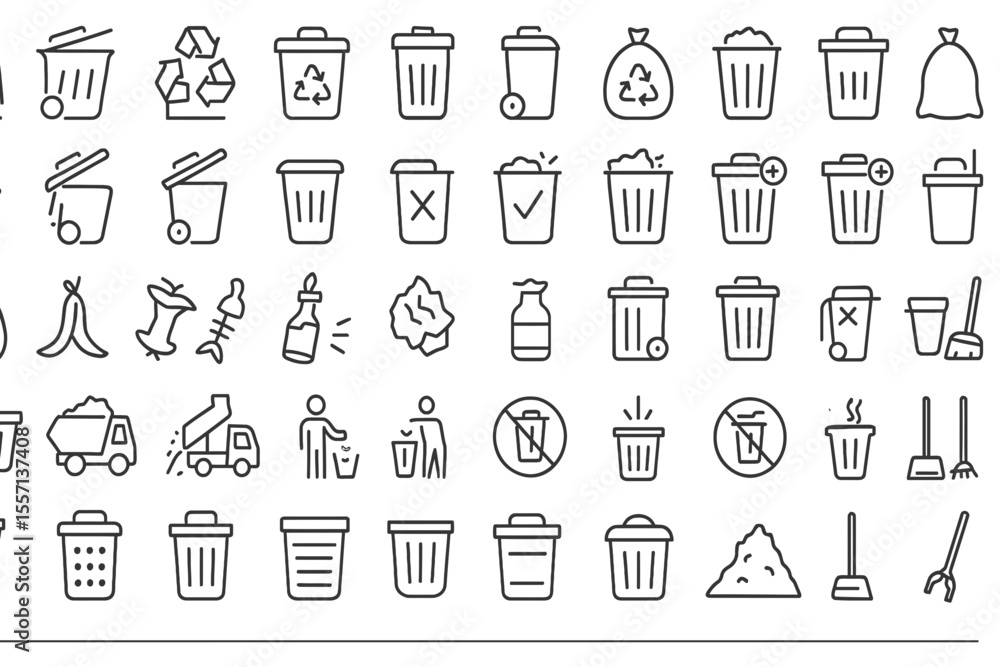 50 Recycle Bin Line Icons: Trash, Rubbish & Waste Management Editable Set 50 Recycle Bin Line Icons: Trash, Rubbish & Waste Management Editable Set