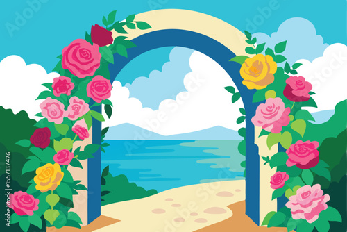 Floral Archway Overlooking a Peaceful Ocean with Cartoon Clouds and Distant Mountain