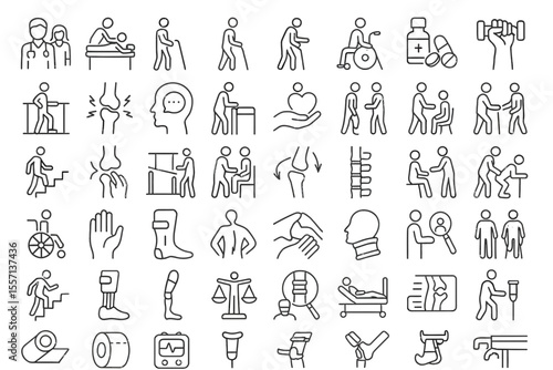 50 Rehabilitation Line Icons: Osteopath, Disability & Therapy Editable Set