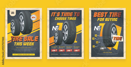 Tire shop flyer bundle with discount offer. Car tire sale flyer, tire catalog. Realistic tires vector illustration template