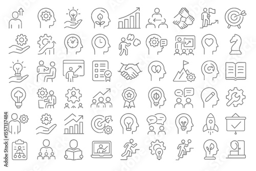 Set of 50 line icons related to skills development, growth, teamwork, hard work, soft skills, training, coaching, success, progress, self learn, Editable stroke.