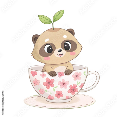The cutest animals in Japan  sitting in a teacup Clipart Watercolor 