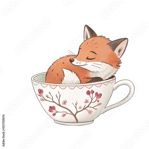 The cutest animals in Japan  sitting in a teacup Clipart Watercolor 
