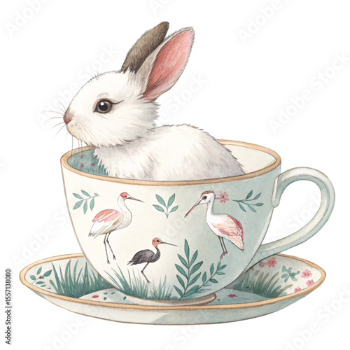 The cutest animals in Japan  sitting in a teacup Clipart Watercolor 