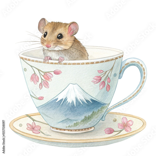 The cutest animals in Japan  sitting in a teacup Clipart Watercolor 