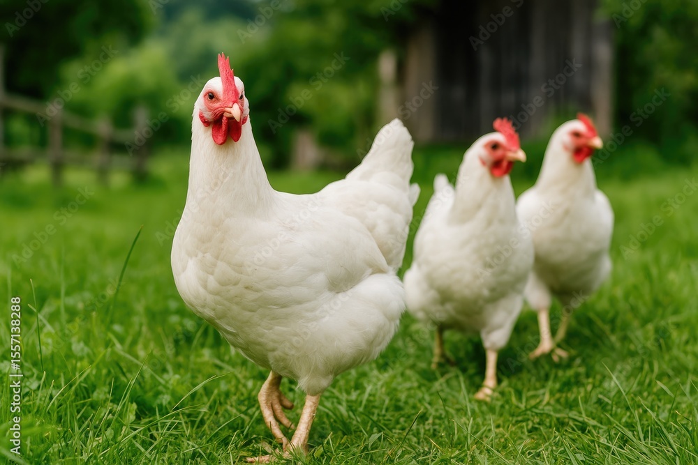 Farmyard hens strolling through rural scenery, nature photography Farmyard hens strolling through rural scenery, nature photography