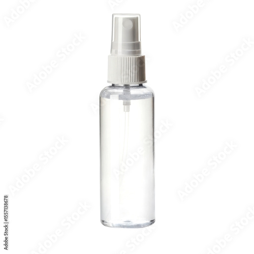 A clear spray bottle with a pump nozzle for dispensing liquids.