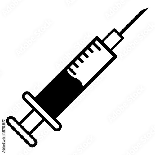 Logo vacunación. Icono silueta de jeringa con aguja hipodérmica con dosis de farmaco	