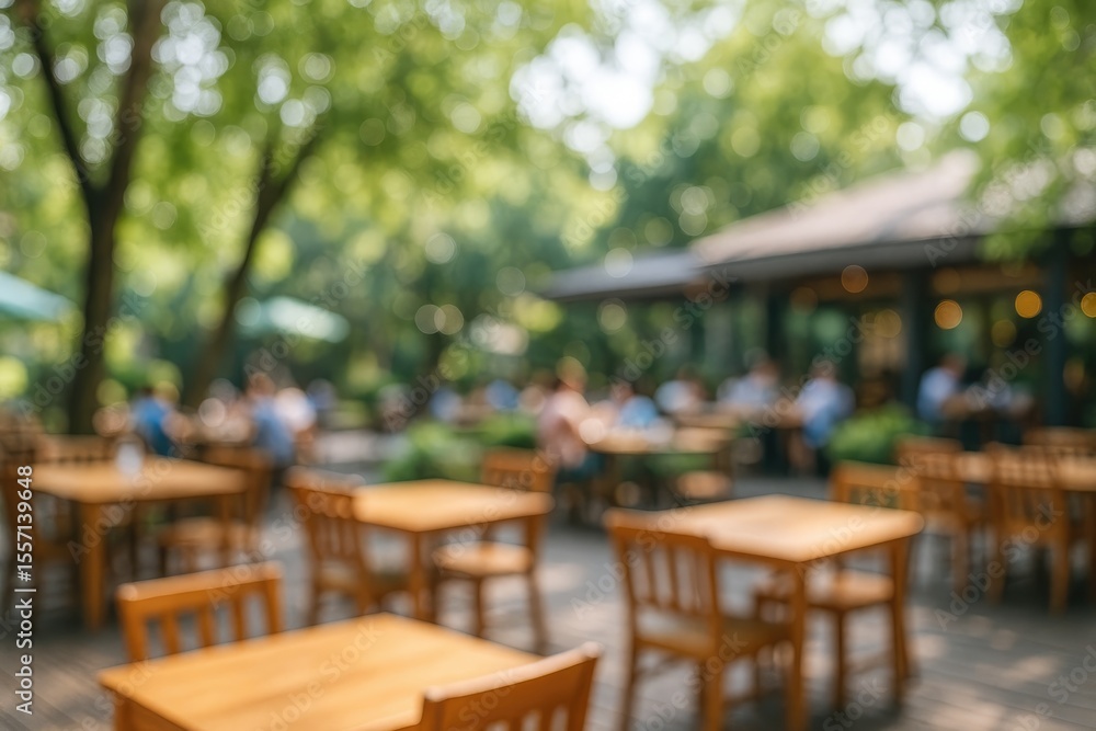 Obraz premium Daytime outdoor dining scene with a blurred cafe setting and bokeh backdrop