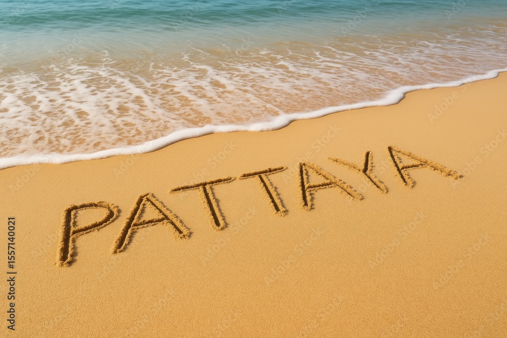 Fototapeta premium Beach sand featuring handwritten PATTAYA