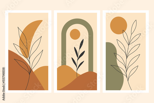 Boho abstract botanical wall art. Minimalist plant illustration set. Modern nature posters