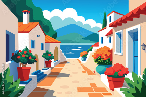 Picturesque Mediterranean Village Street with Flower Pots, White Buildings, and Distant Sea View