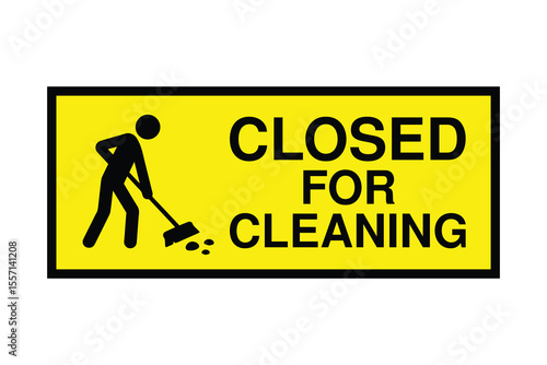 Closed for Cleaning Sign – Yellow Background with Sweeping Person Silhouette – High Quality Vectorial Stock Image
