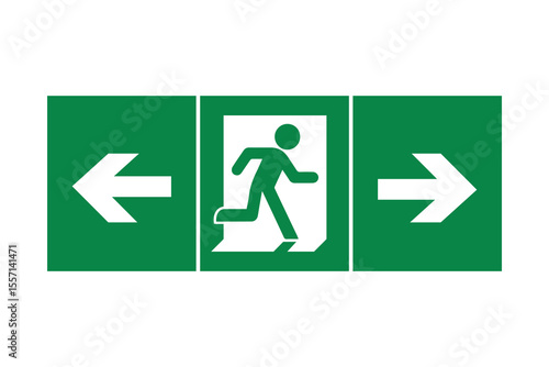 Emergency Exit Directional Signage Set – Green Icons with Arrows and Running Figure – High Quality Vectorial Stock Image