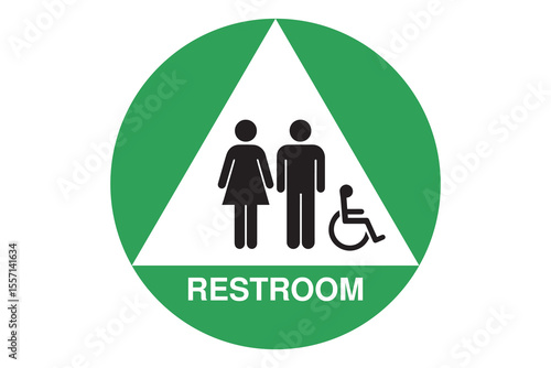 Inclusive Restroom Sign – Green Background with White Triangle and Accessibility Icons – High Quality Vectorial Stock Image