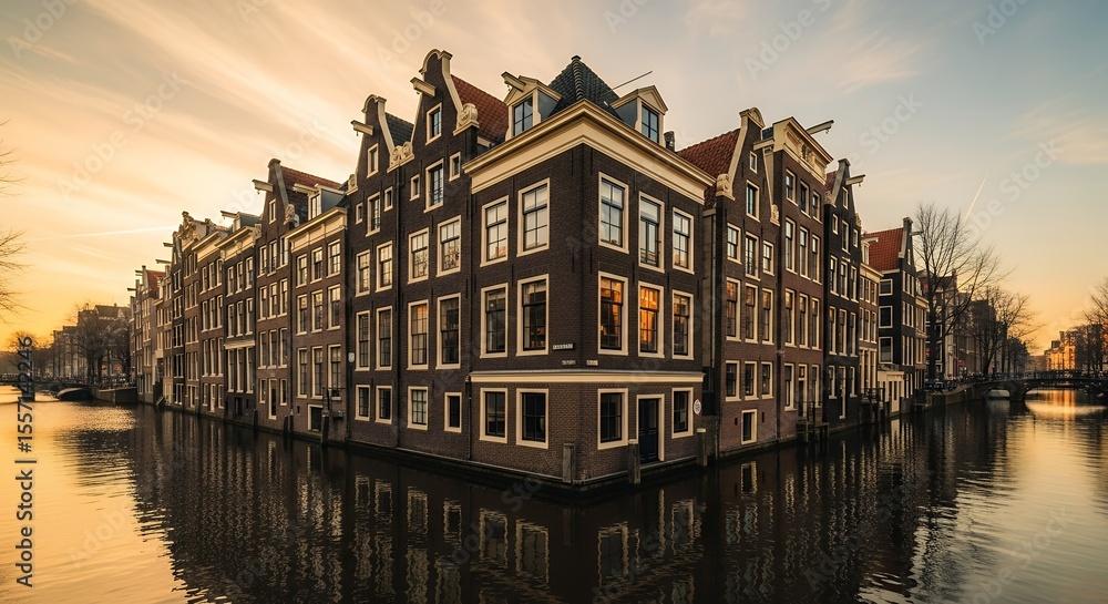 Obraz premium Amsterdam Canal Houses Reflecting in Water at Sunset Netherlands Architecture.