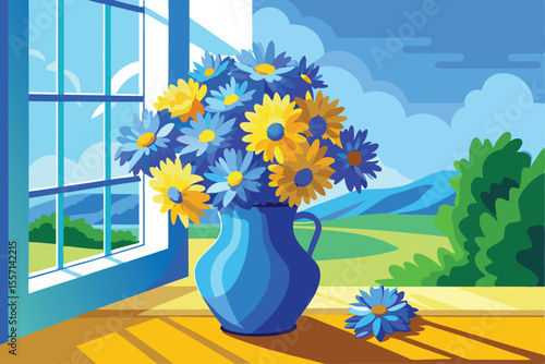 Still Life Painting of Blue Vase with Yellow and Blue Flowers by the Window