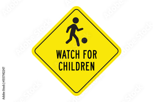 Watch for Children Sign – Yellow Pedestrian Safety Symbol with Child and Ball Silhouette – High Quality Vectorial Stock Image