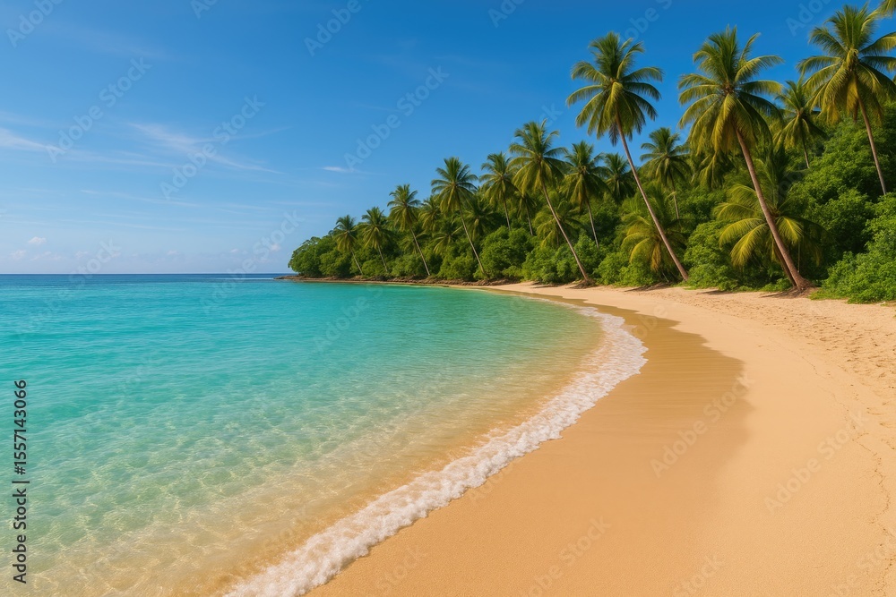 Obraz premium Coastal scenery featuring vibrant blue waters, sandy shoreline, and lush greenery