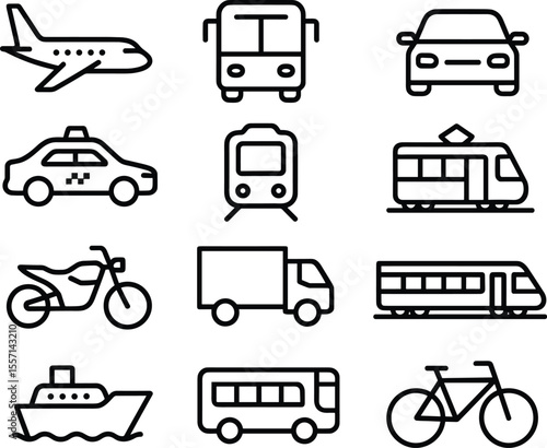Transportation Icons Set Outline Style Plane Bus Car Taxi Train Motorcycle Truck Boat Bicycle