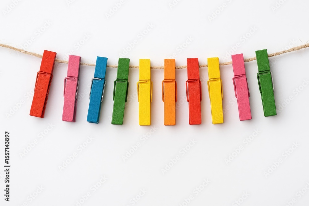 Fototapeta premium Colorful clips hanging on a string against a white backdrop