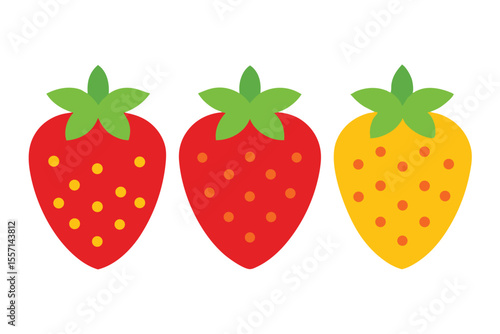 Three Stylized Strawberries in Red, Yellow, and Different Dot Colors on White Background