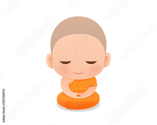 Bright and heartwarming cartoon of a young monk in meditation. Perfect for spiritual branding, children's books, wellness products, or educational content about Buddhism.