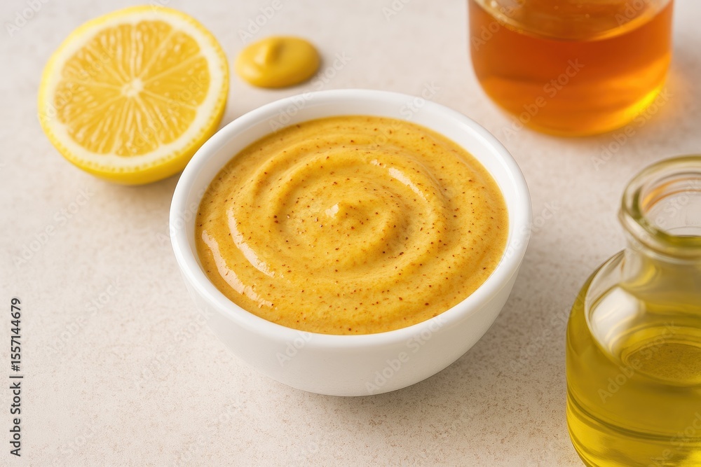 A small white dish containing a blend of creamy, sweet condiments including mayo, yogurt, honey, mustard, and herbs. A small white dish containing a blend of creamy, sweet condiments including mayo, yogurt, honey, mustard, and herbs.